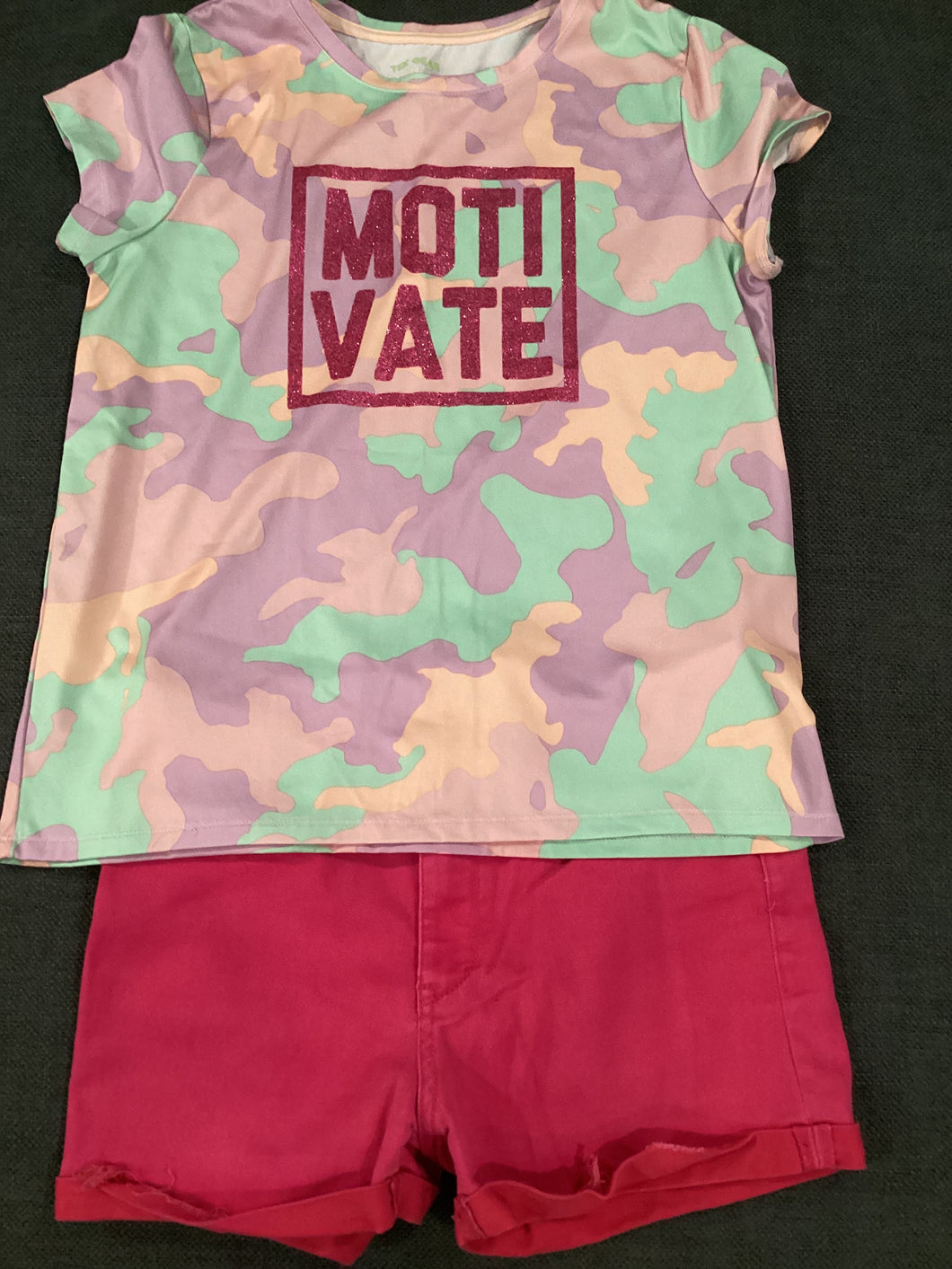 Pink denim shorts & Purple camo top - size Kids 14