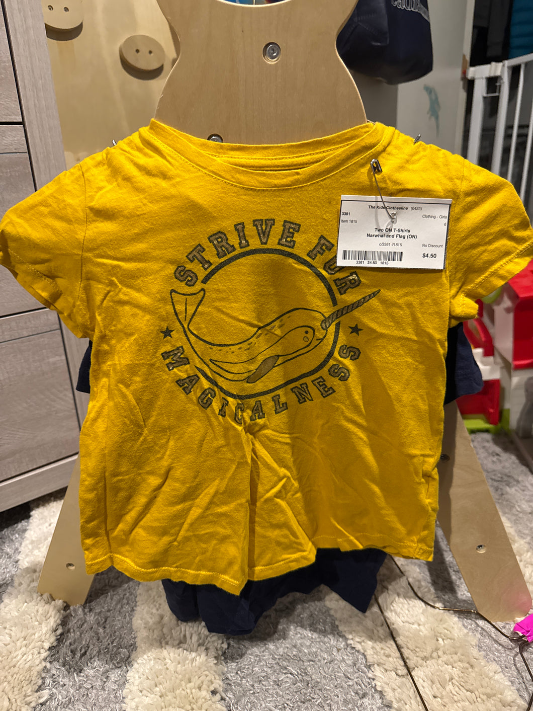 Yellow Narwhal TS With navy flag TS - size Kids 6