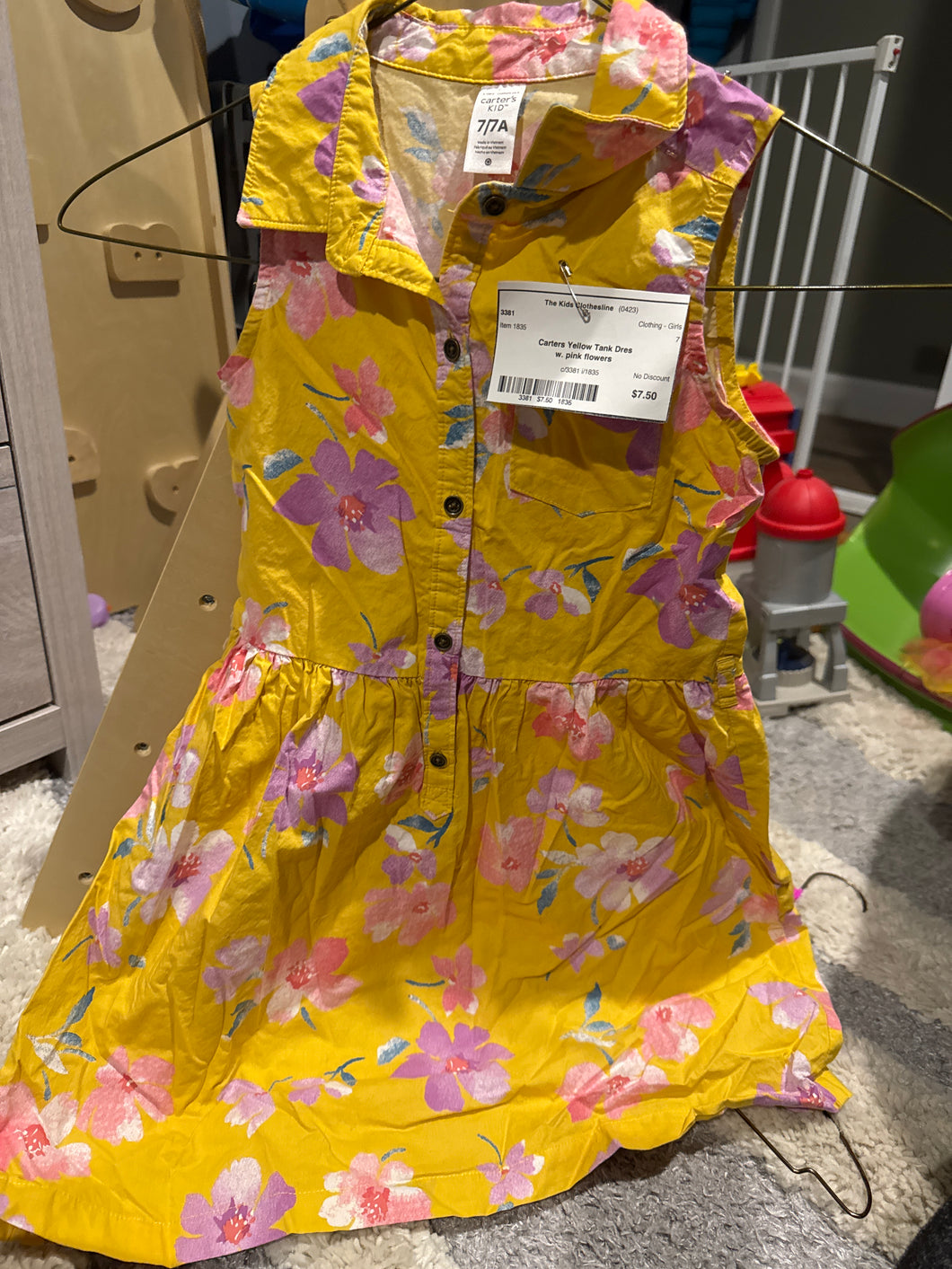 Carters Dress Yellow with pink flowers - size Kids 7