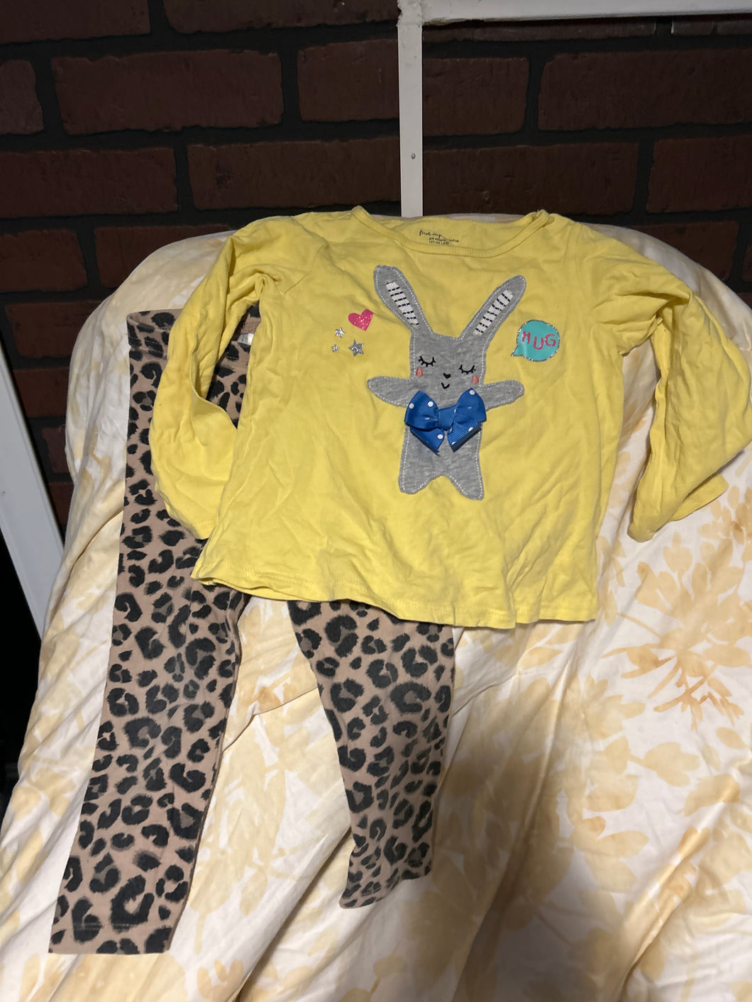 Yellow Shirt with Bunny Leopard Print Pants - size 24 Months