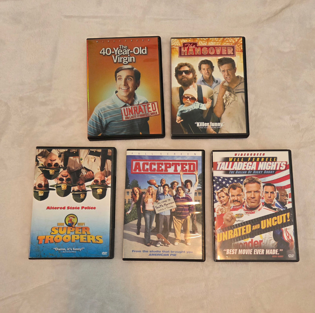 5 Dvds, 40 y.o. Virgin, Super Troopers, Accepted