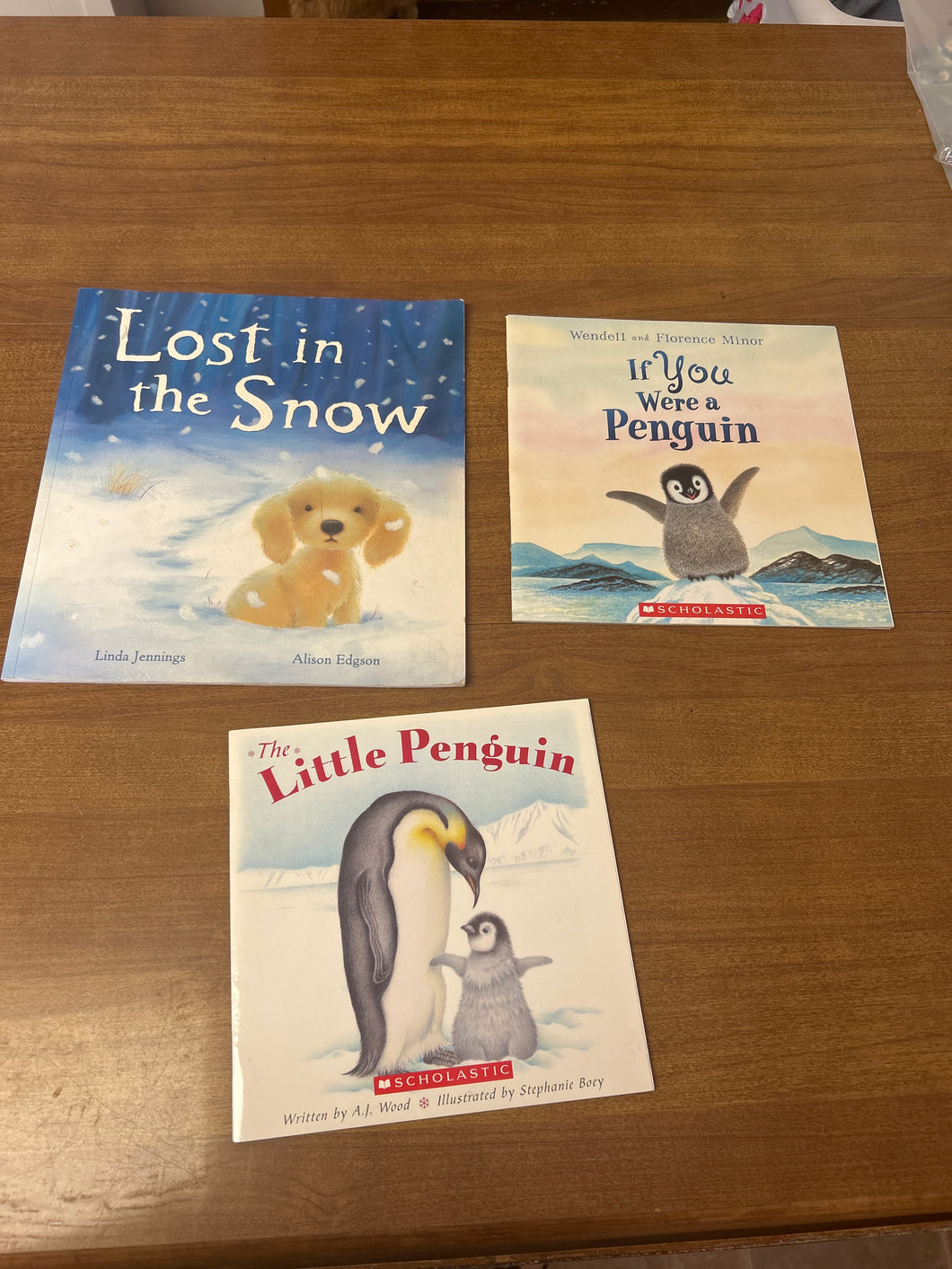 3 winter books 2 penguin, 1 dog