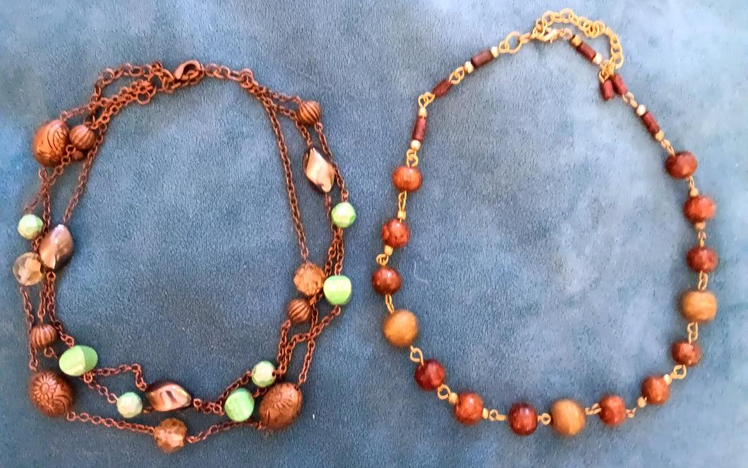 2 necklaces - wood, metal, plastic