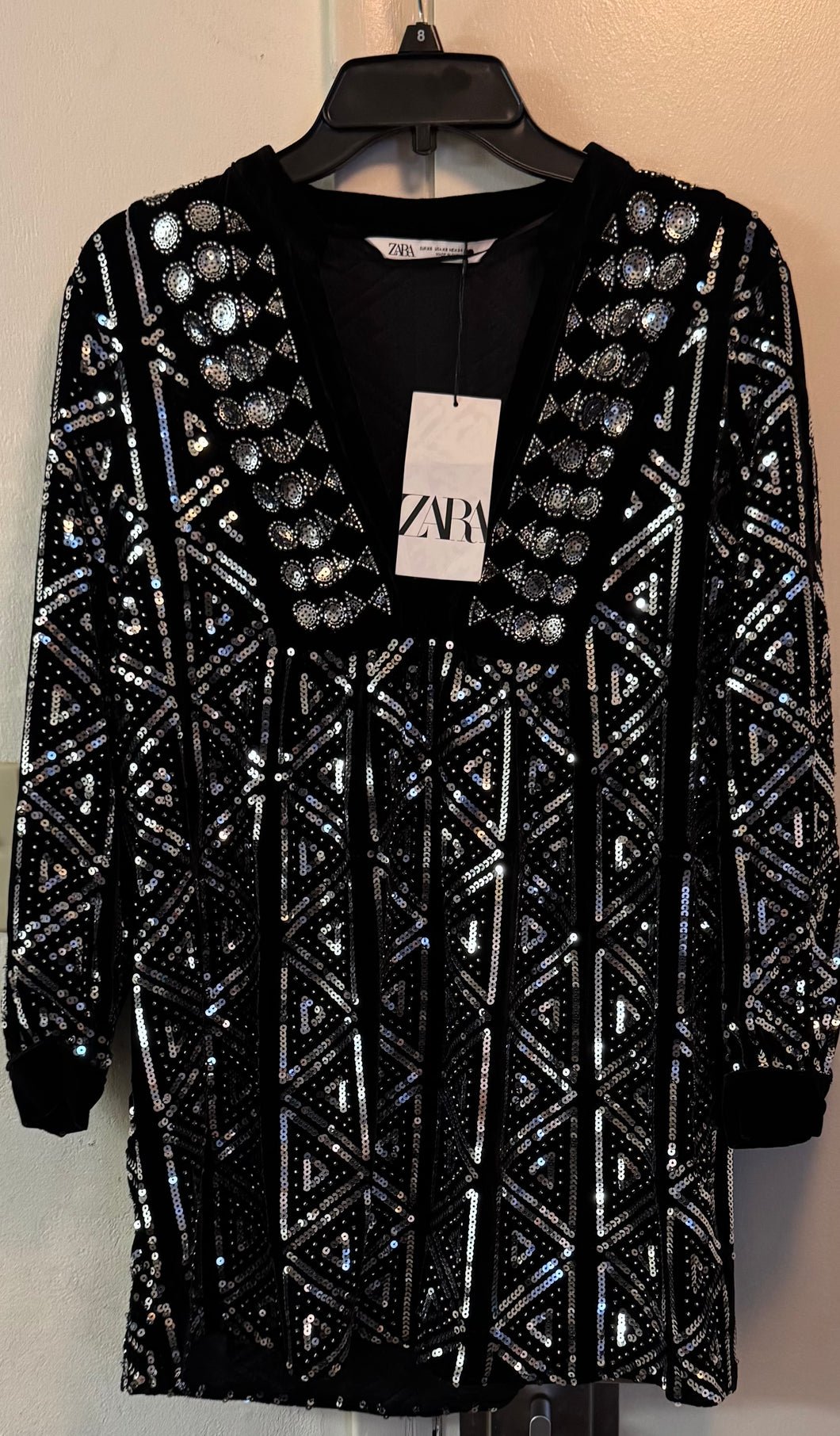 NWT Zara velvet long silver sequins dress - size Women XS (0-2)