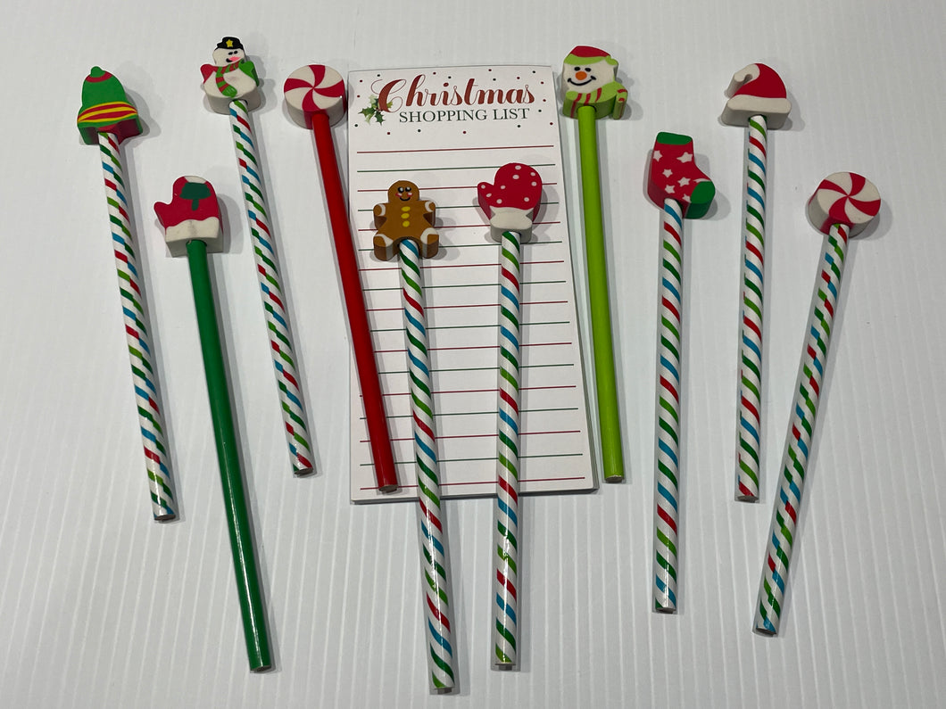 NEW - 10 Holiday Pencils Erasers,Magnetic Notepad
