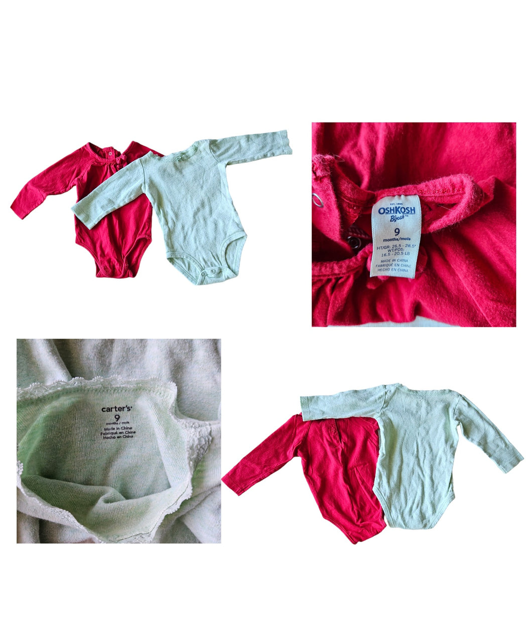 2 Long Sleeved Bodysuits Red & Green 9 Months - size 9 Months