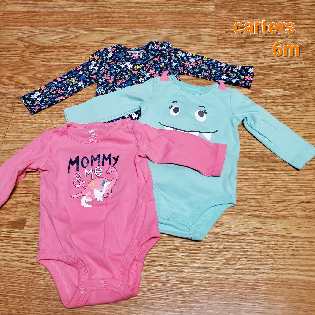 3 onesies l/s pink, blue,flower - size 6 Months