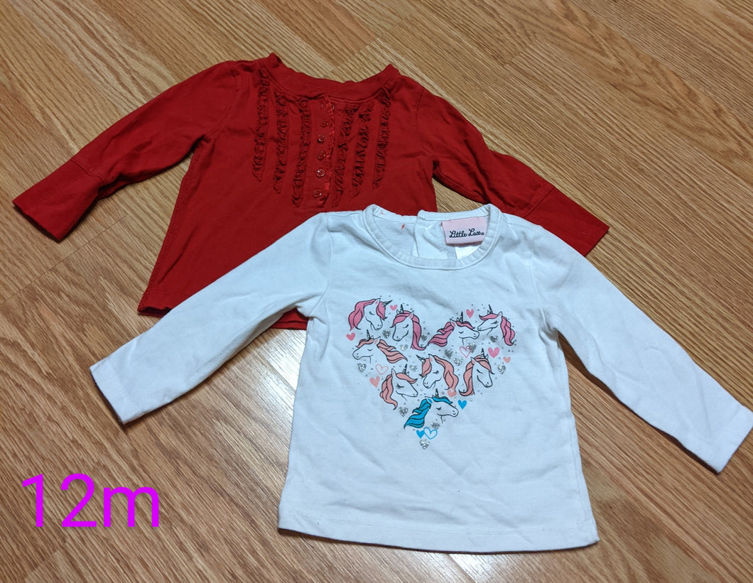 2 l/s shirts red/white unicorn - size 12 Months