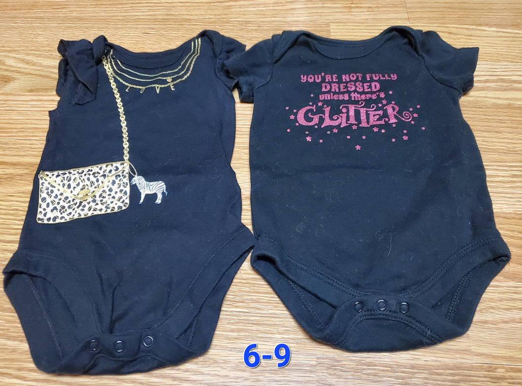 2 black onesies purse/glitter - size 6 Months