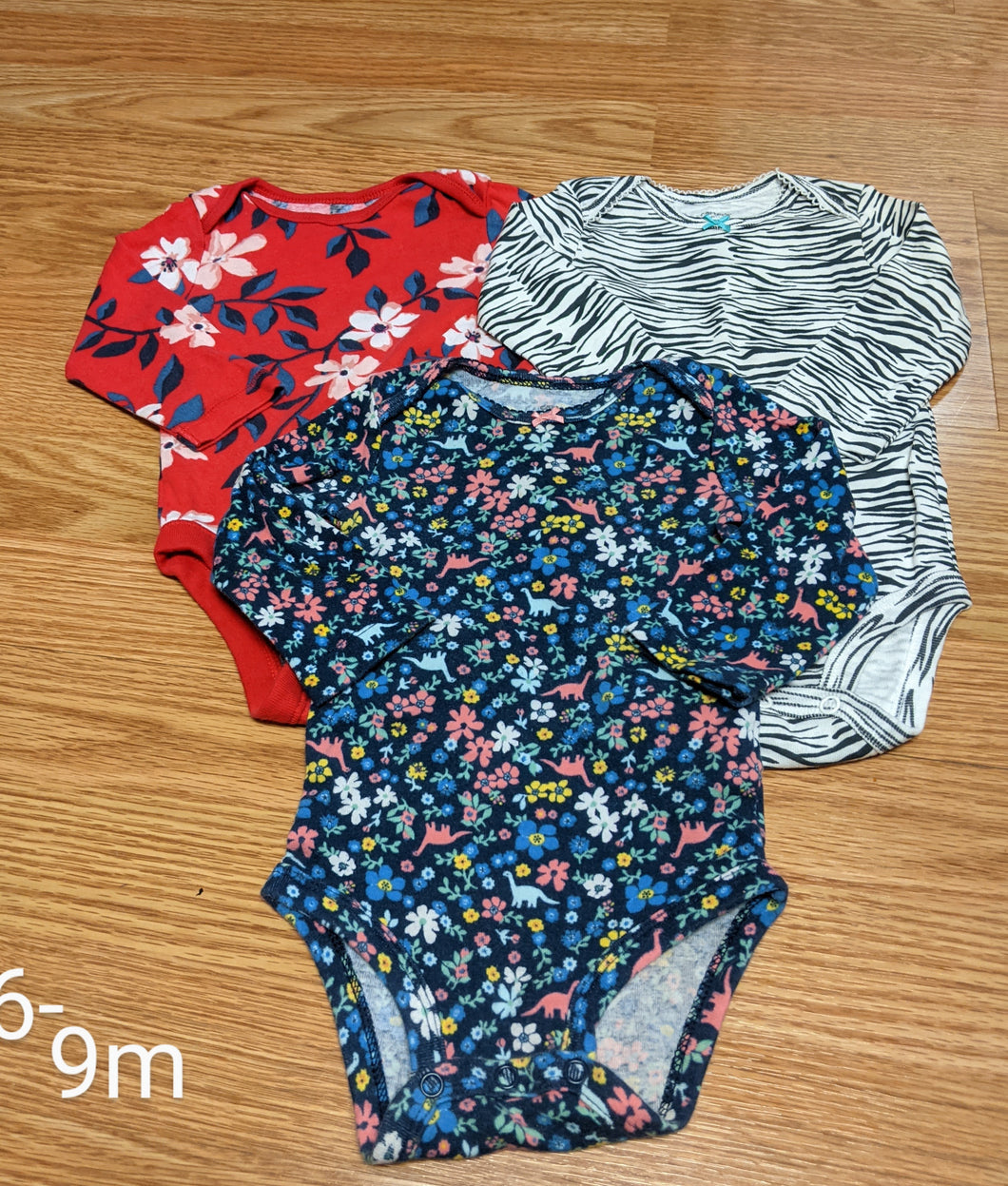 l/s onesies flower, zebra, red - size 6 Months