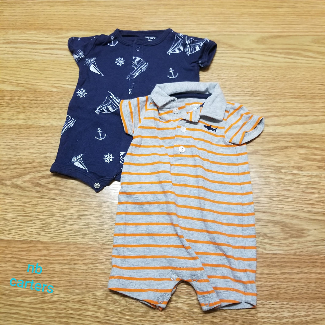 2 rompers blue boat/stripped shark - size Newborn