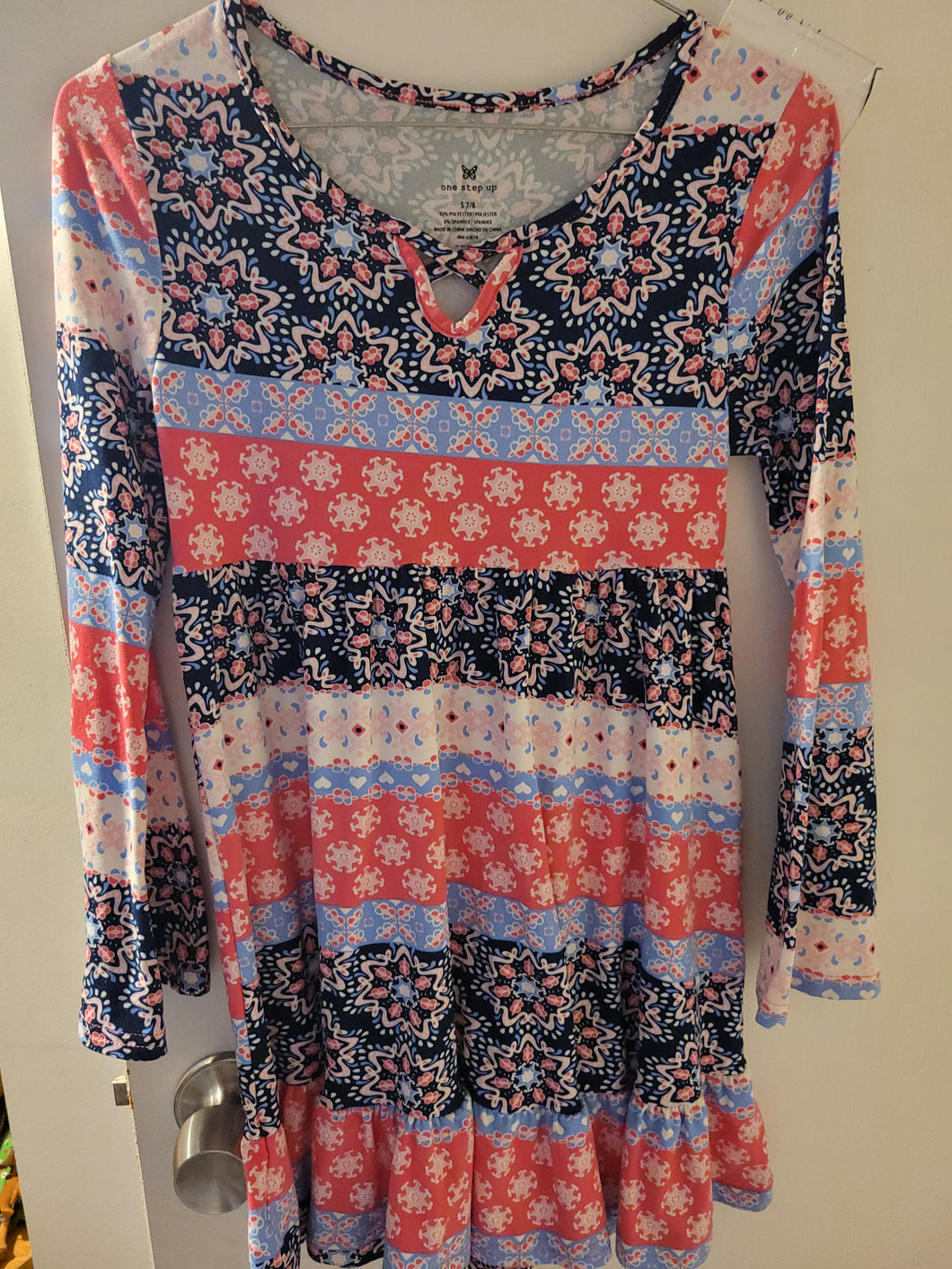 One Step Up Pink/Blue/ Printed L/S Dress - size Kids 7