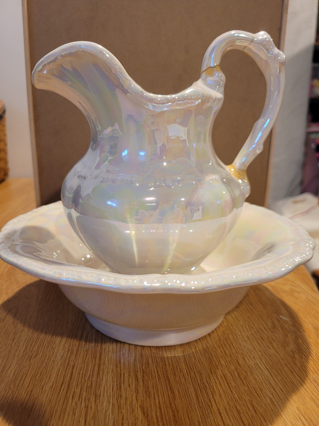 Small Iridescent White Pitcher & Bowl