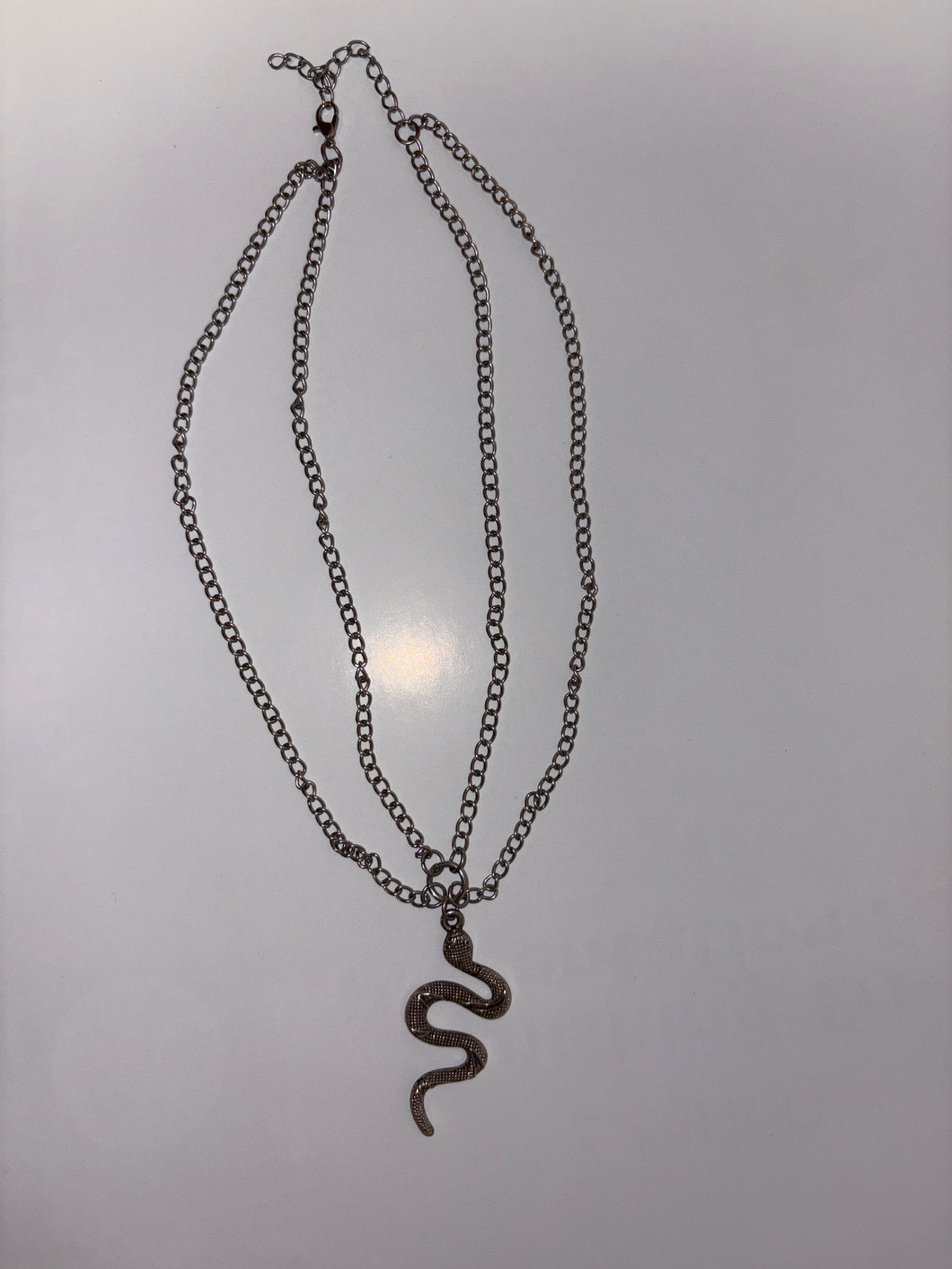 Silver finish necklace double chain with snake