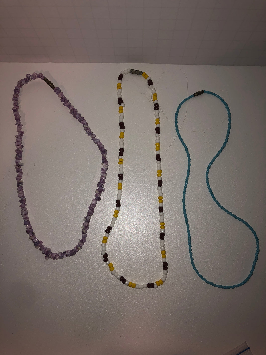 3 beaded necklaces purple 14 inch, blue and