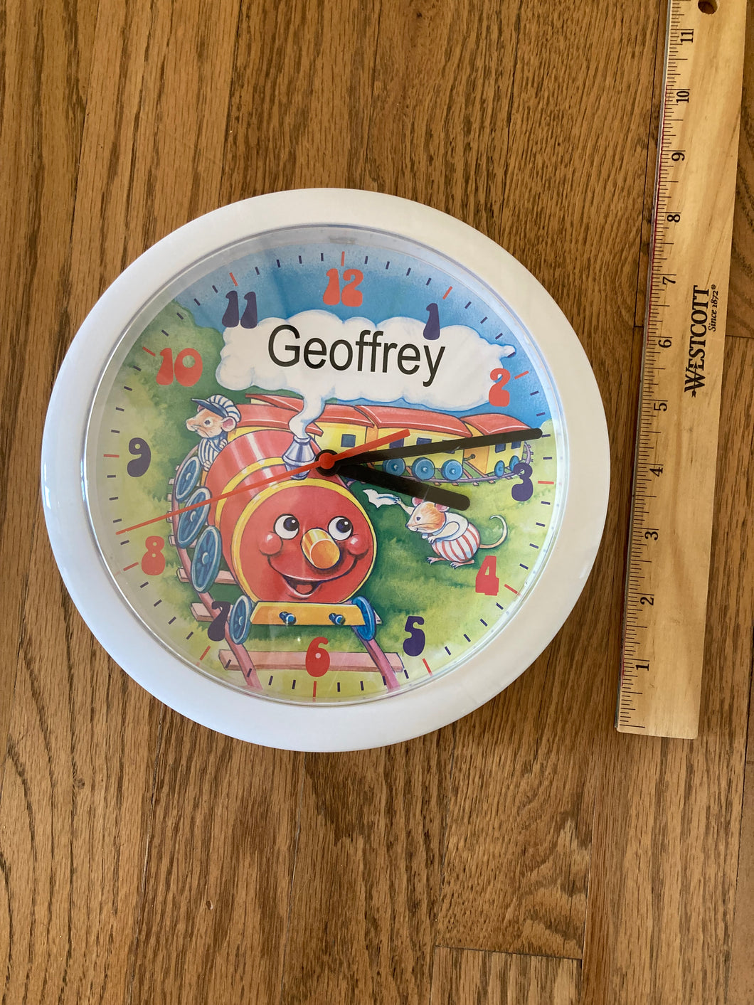 Kids Nursery Wall Clock Personal GEOFFREY trains