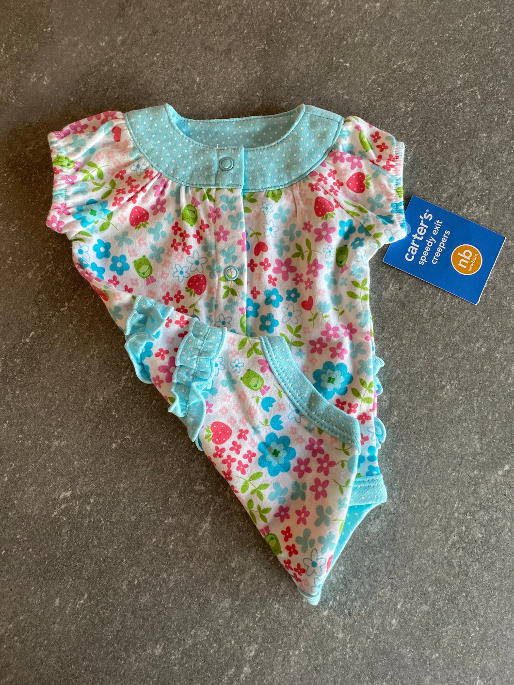 NWT Carters onesie Blu flower, ruffle back - size Newborn