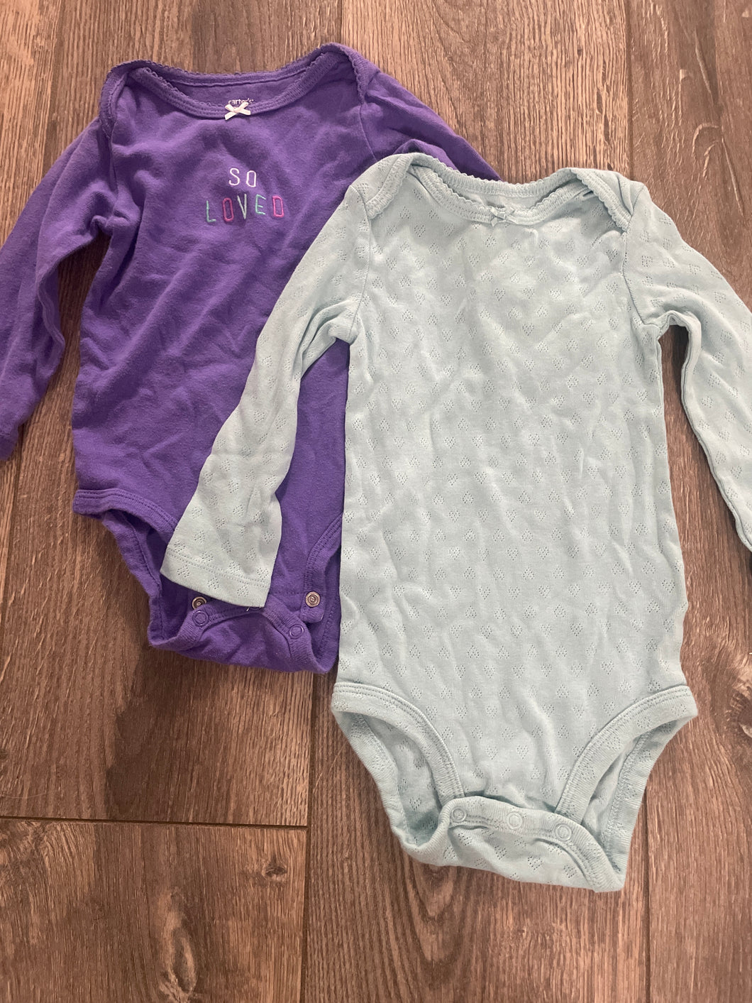 2pk Carters Onesies Long Sleeve Purple/Teal - size 12 Months