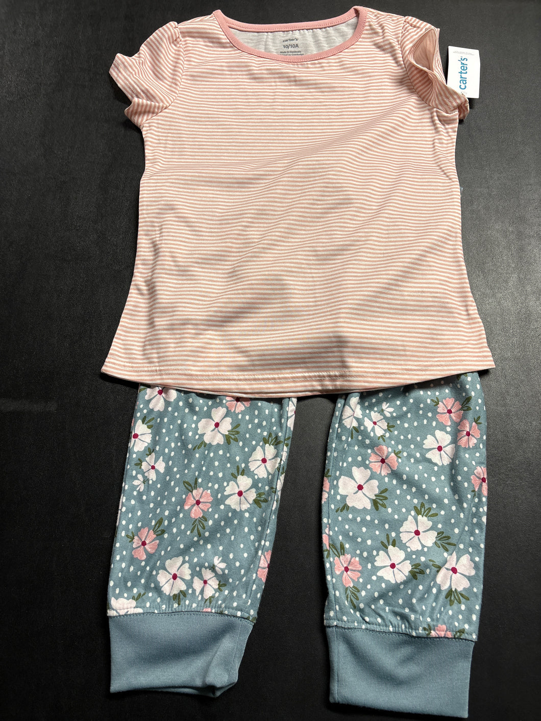 NEW CARTERS PINK STRIPED FLORAL PAJAMAS - size Kids 10