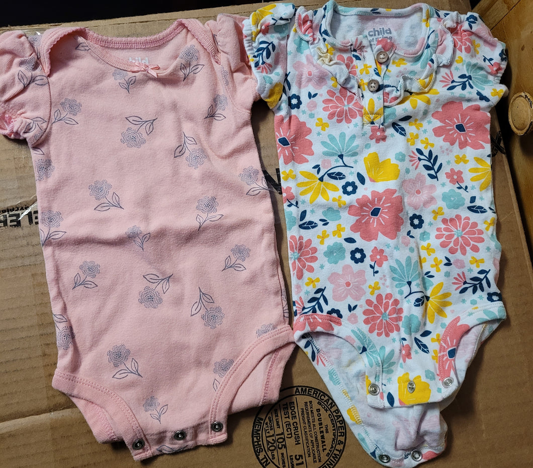 2 flower oneises Pink w flowers - size 3-6 Months