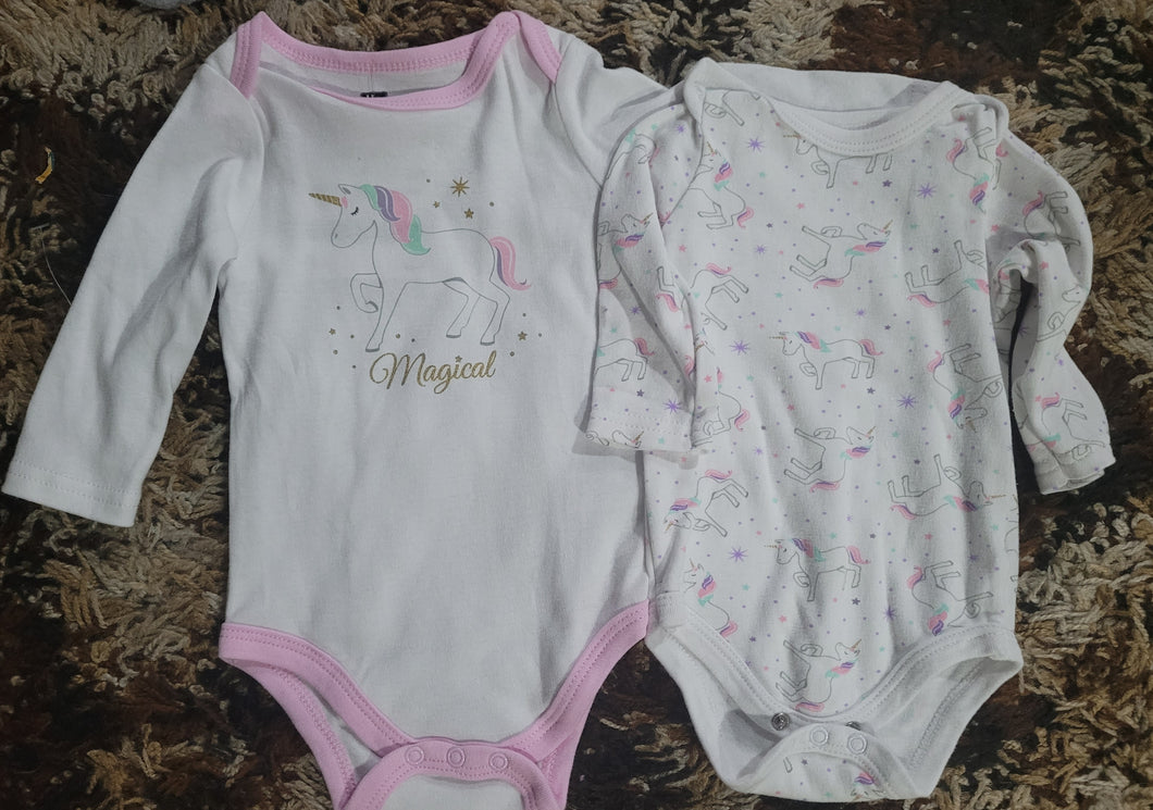 2 long sleeve oneises White with unicorn - size 0-3 Months