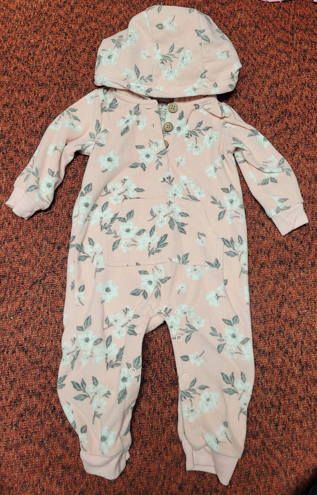 Pink flower fleece Snowsuit, without feet - size 9 Months