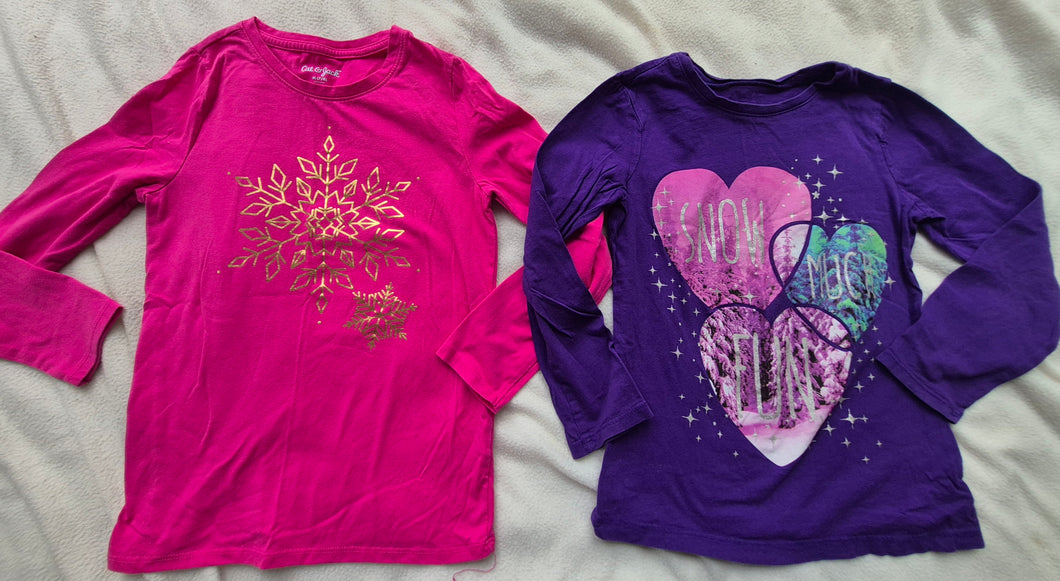 2 winter LS tees Pink/gold snowflakes - size Kids 7