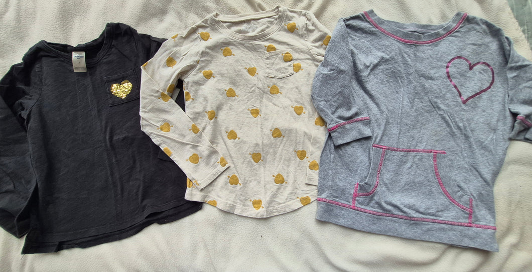 3 LS heart tees Black, oatmeal/gold, - size Kids 7