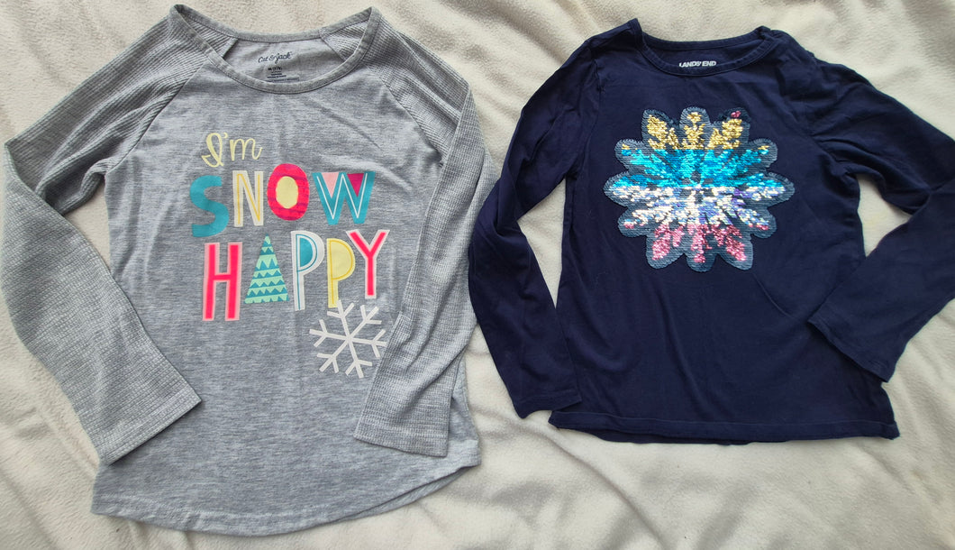 2 winter LS tees Gray snow happy - size Kids 7