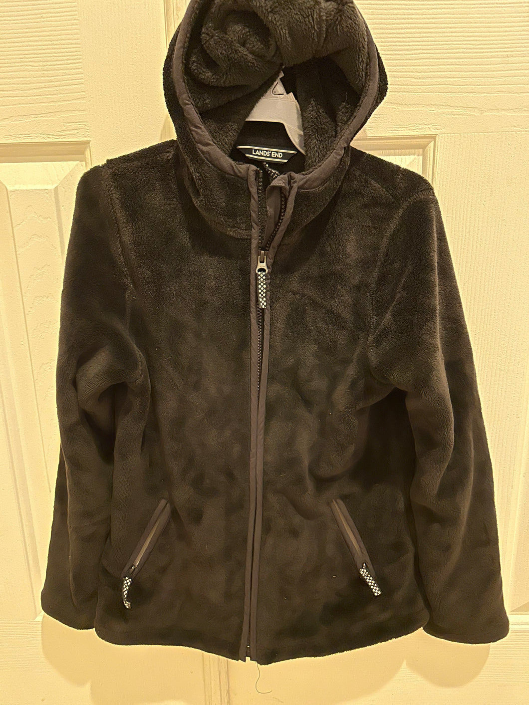 Lands end black furry Zip up hooded jacket - size Kids 10