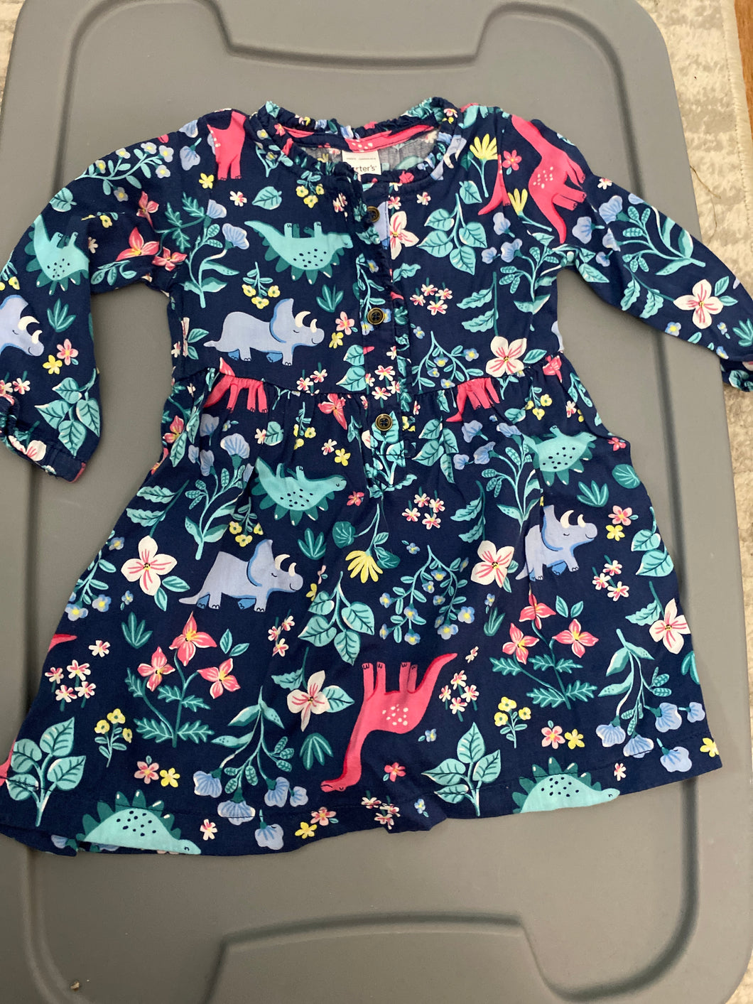 Blue Dress Long Sleeved Carter's, Dinosaur Print - size 12 Months