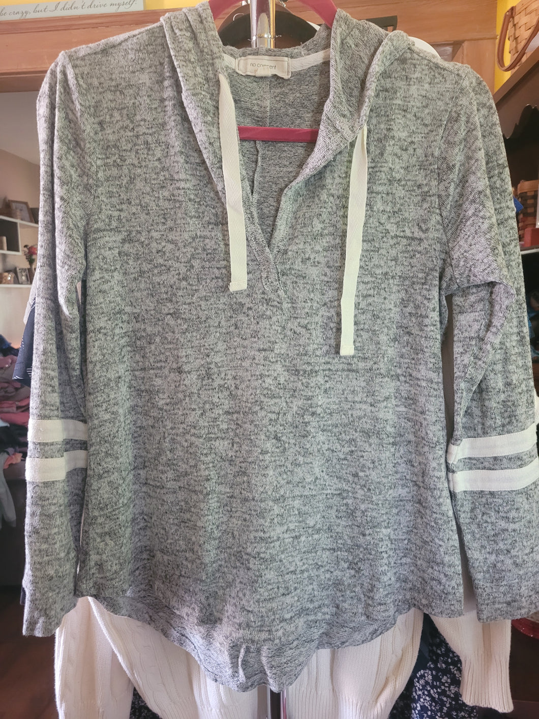 No Comment L/S Grey White Hooded shirt - size Women M (8-10)