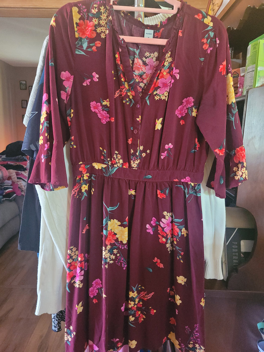Old Navy � length sleeve Burgundy Rayon Dress w/ - size Women M (8-10)