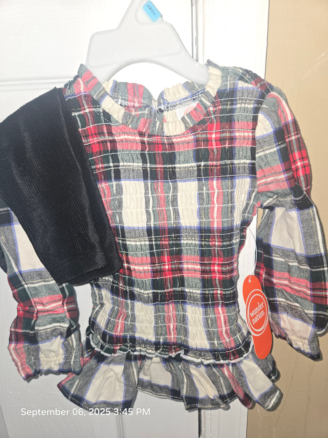 Wonder Nation 2pc Plaid Peplum Christmas Outfit - size 12 Months